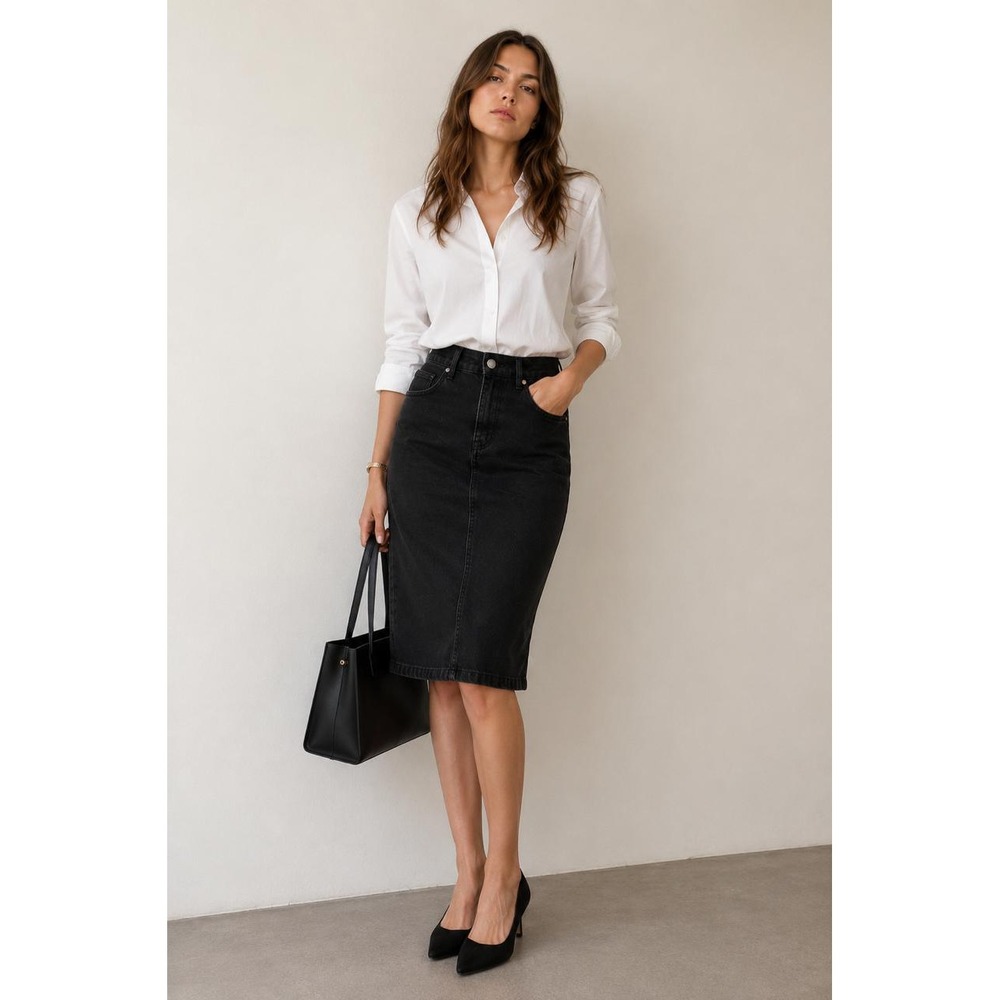 MASSIMO DUTTI Black Pencil Skirt 6 Coated Stretch Denim Mini Women's 5207